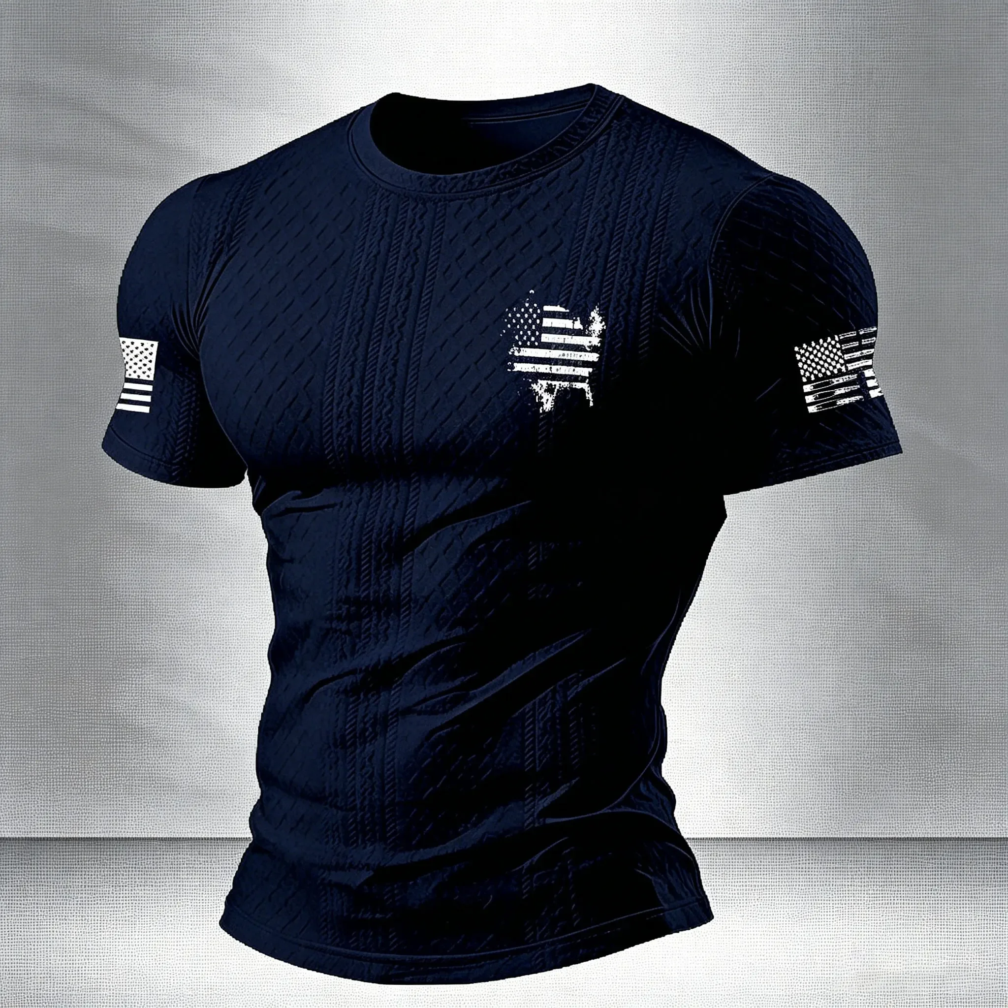 Herren-Kompressions-T-Shirt mit Strukturierter Amerika-Flaggenkarte, Schnelltrocknend, Kurzarm, für Fitness und Sport – Detail 3