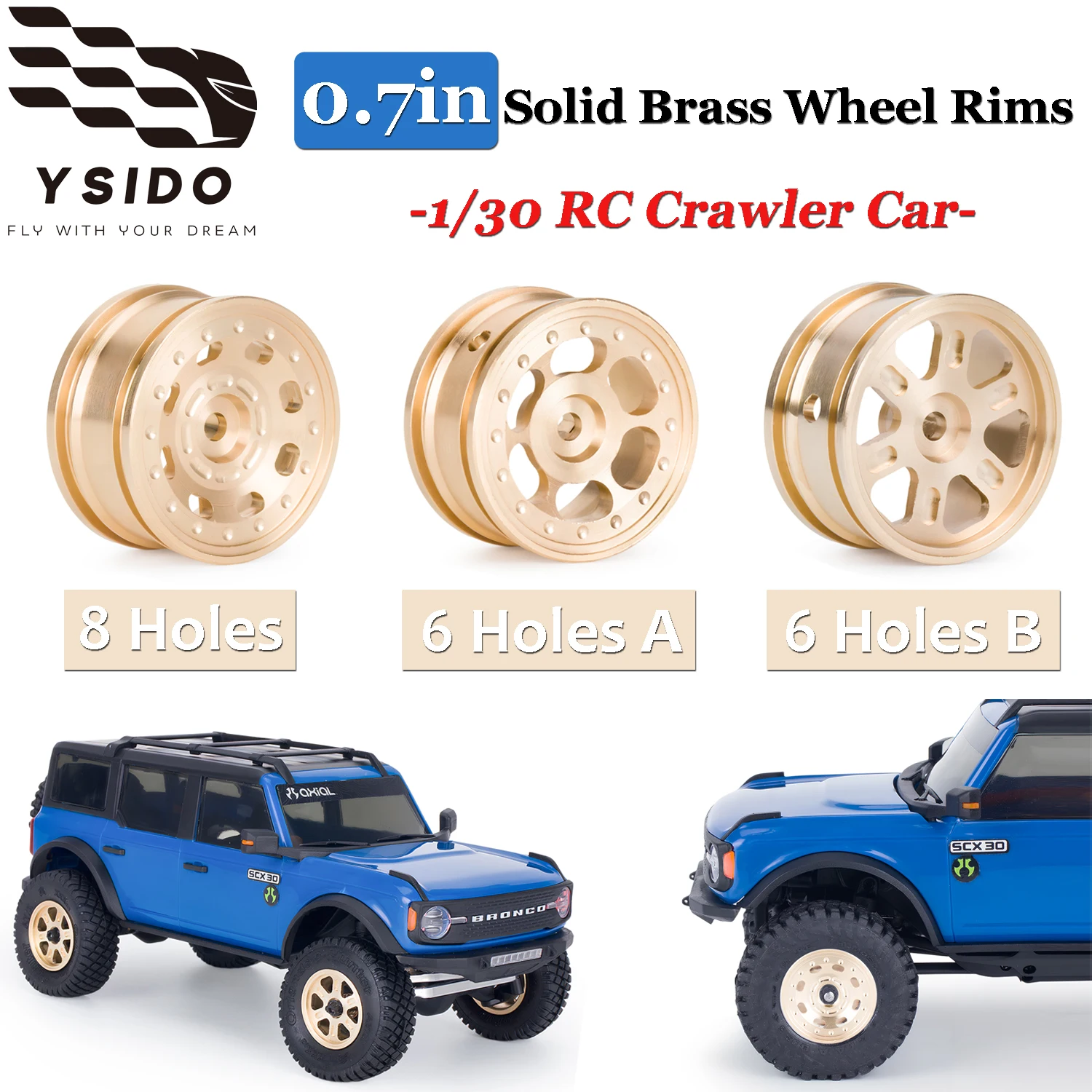 

4PCS 0.7 Inch Solid Brass Wheel Rims Hub for 1/30 SCX30 AXIAL Ford Bronco JEEP WRANGLER JLU 4X4 RC Crawler Cars Upgrade Parts