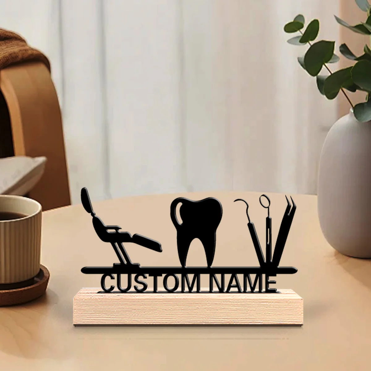 1Pc Csutom Teeth Wooden Base Desktop Metal Art,Home Office Hotel Cafe Club Desktop Decor,The Best Gift for Family Friends