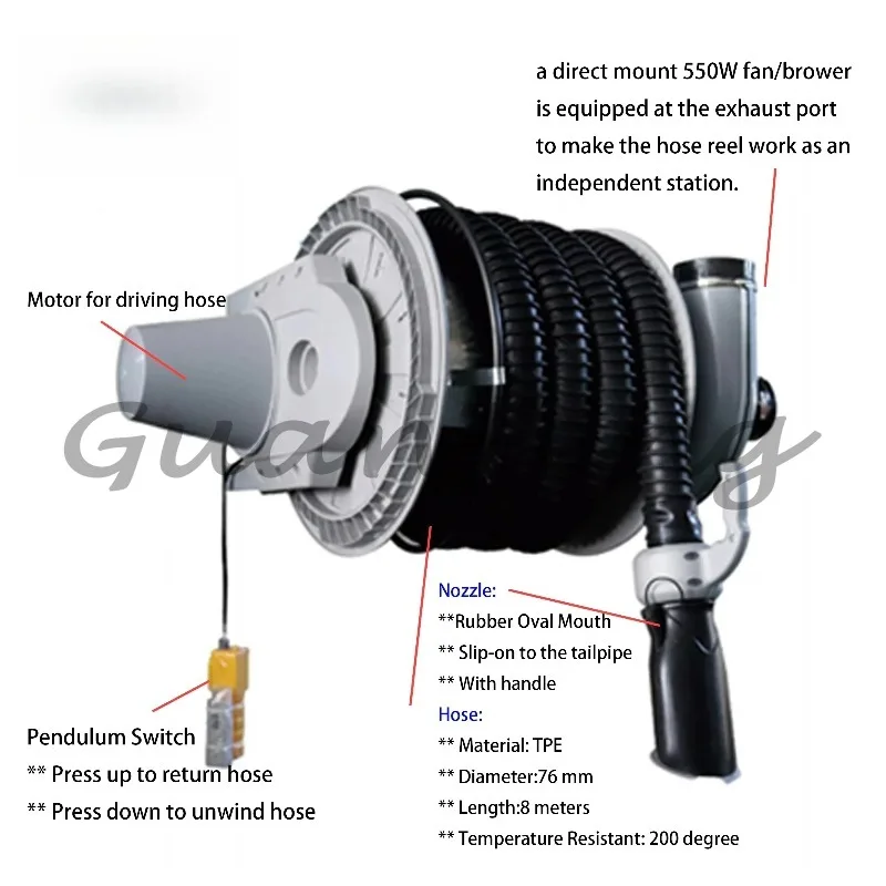 Remote Control Rewind Hose Reel Exhaust Gas Capture Smoke Car Repair Car Accessories Workshop Equipment