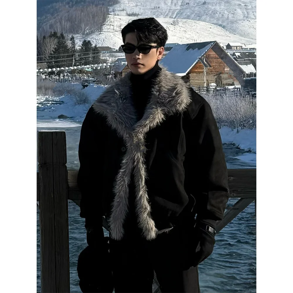 2026 Mountain Carving Fur Integrated Cotton Jacket Men's Winter Thickened Warmth Design American Collar Cotton Jacket Jacket