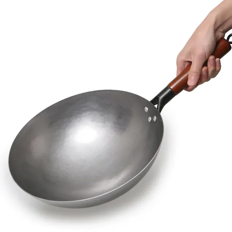 Wok Burner Traditional Authentic Hand Hammered Carbon Steel Round Bottom Stir Fry Pans Birch Handle Wok Pan