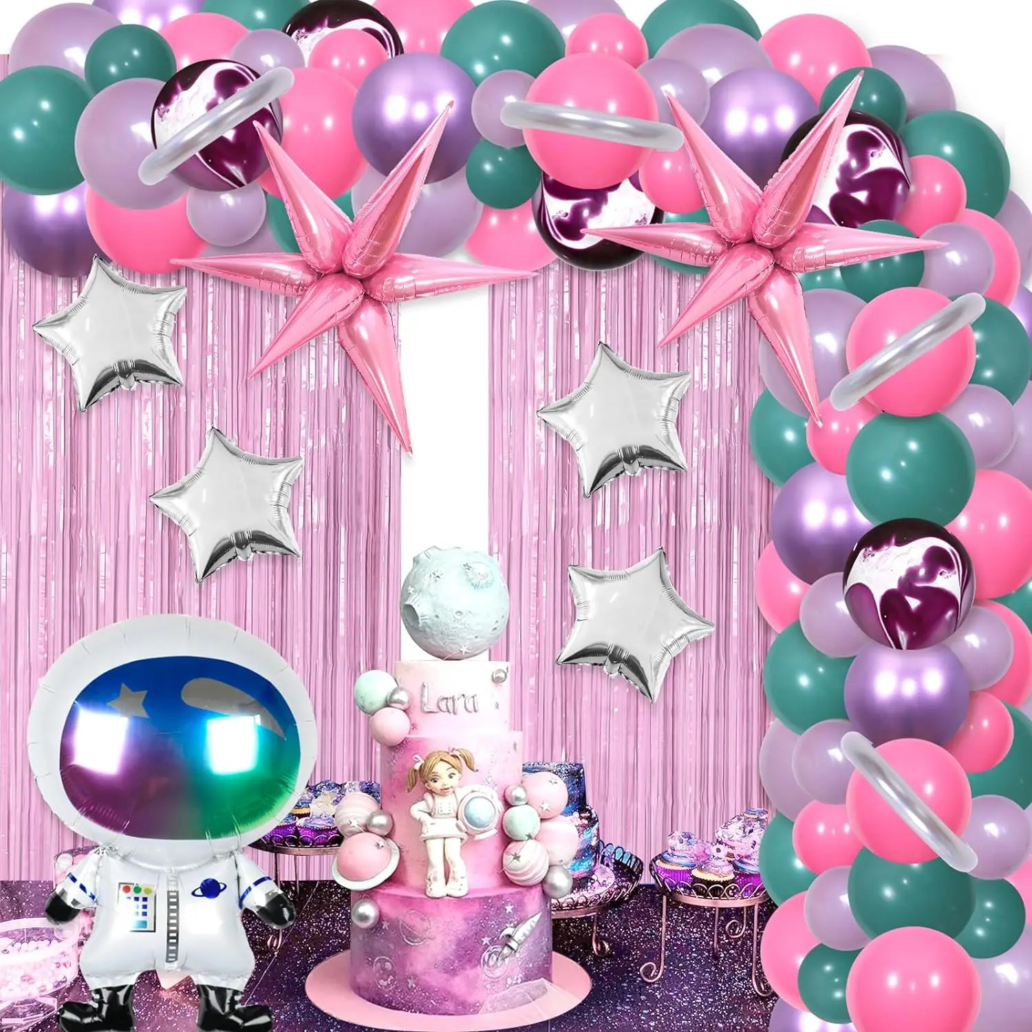 

Galaxy Space Theme Birthday Decorations for Girls Space Balloon Garland Pink Purple Curtain Astronaut Foil Star Cone Balloons