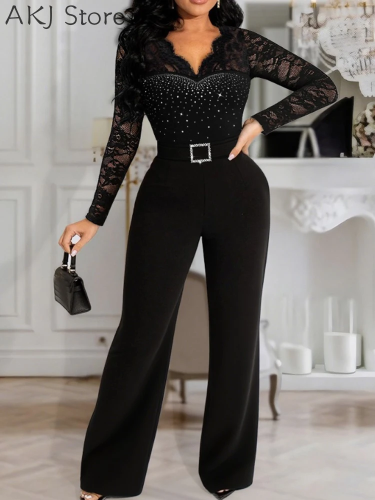 

Комбинезон со стразами и глубоким v-образным вырезом, кружевной комбинезон с цветочным принтом и высокой талией, на молнии сзади, прямой комбинезон с поясом