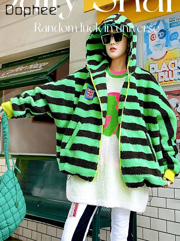 

Rose Red Black Striped Lamb Wool Casual Jacket Autumn Winter New Color-Block Hooded Trendy Loose Fleece Jacket Oversized Hoodie