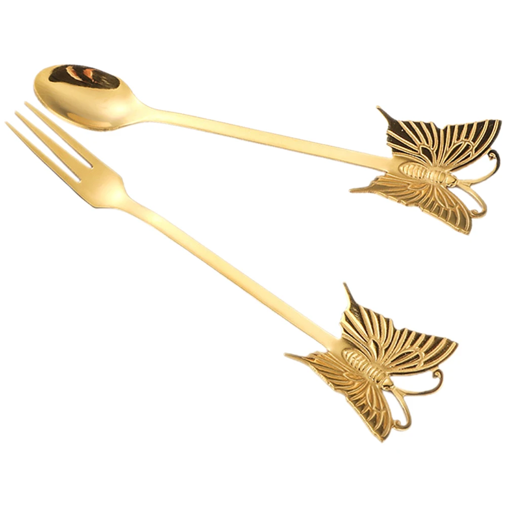 

Золотая бабочка, ложка, вилка, набор столовых приборов из нержавеющей стали, легко чистится, торт, мороженое, чай, салат, посуда, металл