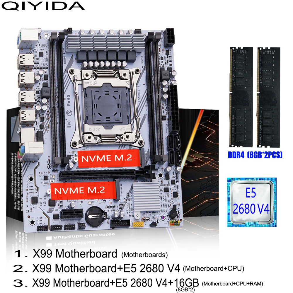 QIYIDA X99 Motherboard Set Kit Xeon LGA2011-3 E5 2680 V4 2x8gb=16GB DDR4 SATA PCI3.0 NVME M.2 X99H5 Gaming Computer