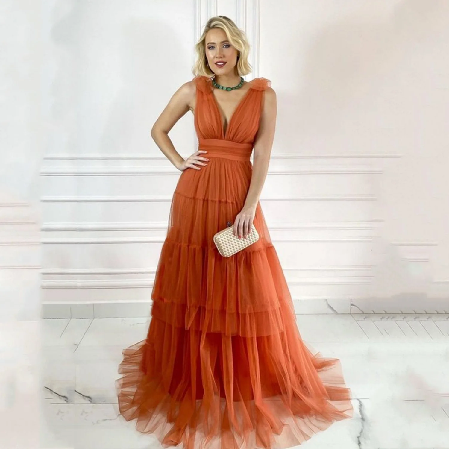 Customized Simple A-line burnt orange tulle long prom dress pleated floor-length evening dress V-neck dress suitable for prom