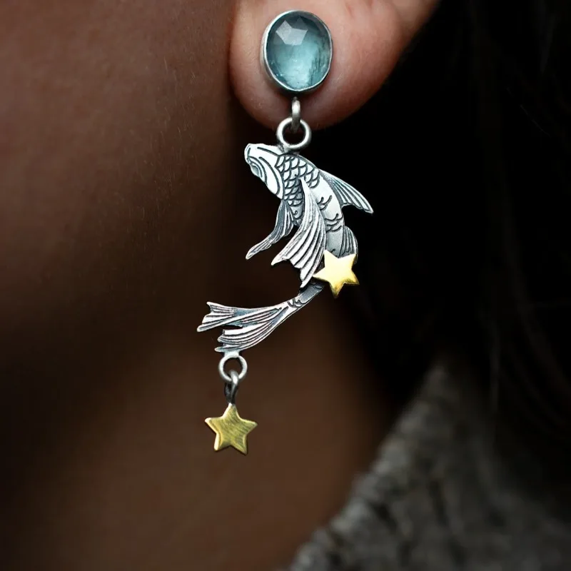 Huajie Star Goldfish Shape Ocean Moonlight Stone Inlay for Women Earrings Elegant Ear Delicate Jewelry Fashion Trend