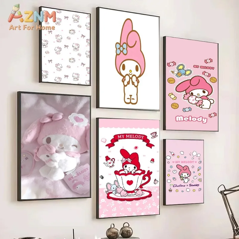 My Melody Hello Kitty Canvas Poster Cute Sanrio Cartoon Print Unframed Canvas Art Pink Bow Cookie Teacup Sweet Kawaii Aesthetic