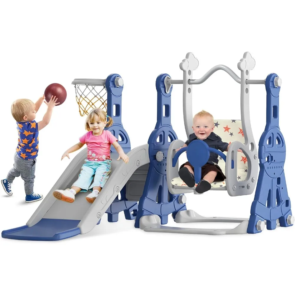 Juego de columpio y tobogán para niños pequeños con aro de baloncesto para edades de 1 a 2 años, adecuado para juegos en interiores y exteriores