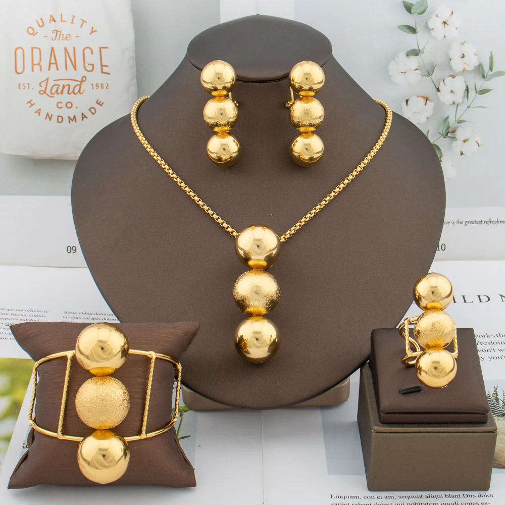 Fashion 18K Gold Plated Jewelry Set Women Round Beads Earrings Necklace France African Dubai Drop Earrings Bracelet Ring Jewelry