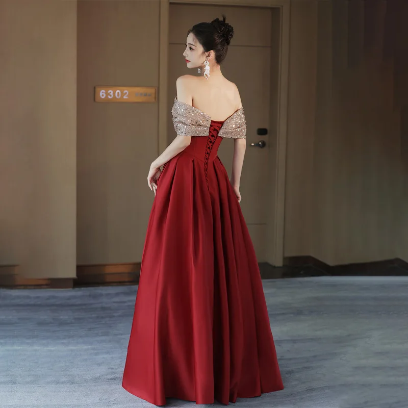 It's Yiiya Evening Dress Burgundy Satin Sequins Off the Shoulder Lace up A-line Floor-length Plus size Women Party Formal Gown