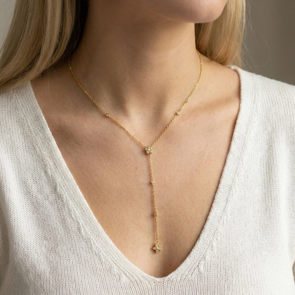 Edelstahl Doppelschichtige Lange Quasten-Ketten-Halsketten für Frauen Einfache Geometrische Kristall-Zirkon-Choker Party-Schmuck Geschenk – Detail 3
