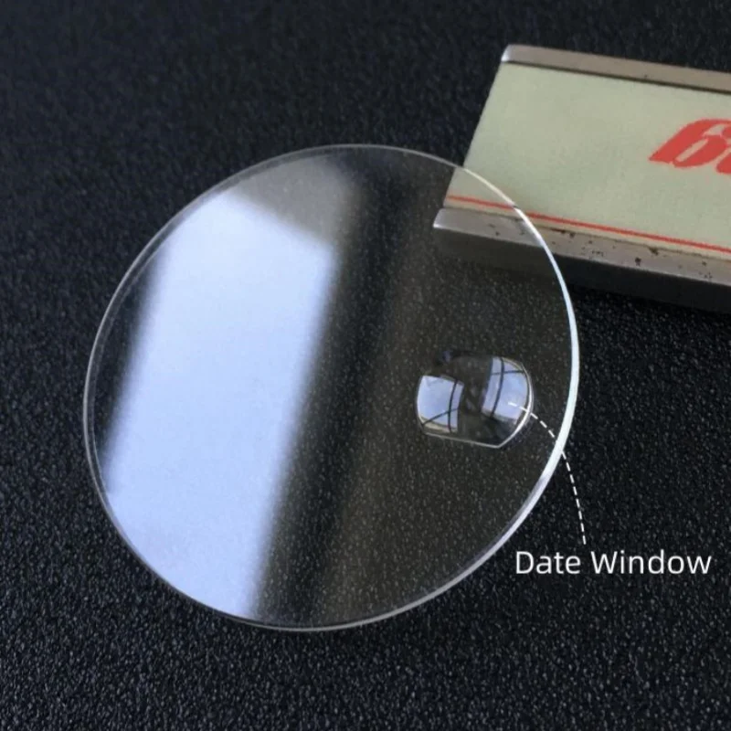 Date Window Watch Glass Round Flat Sapphire Timepiece Crystal 2.0mm Thick with Bubble Magnifier 25mm-34.5mm Diameter YZC934