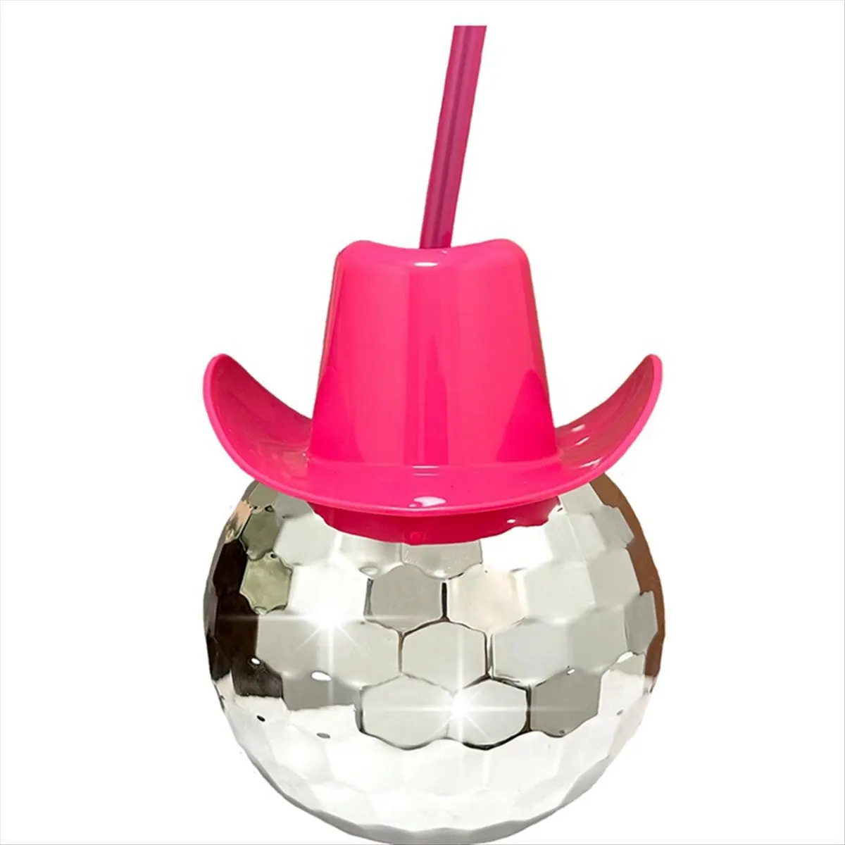 A78I Disco Ball Cups Cowboy Hat Disco Ball Cup with Straws Bachelorette Hen Party Decoration Electroplating Ball Cup Pink