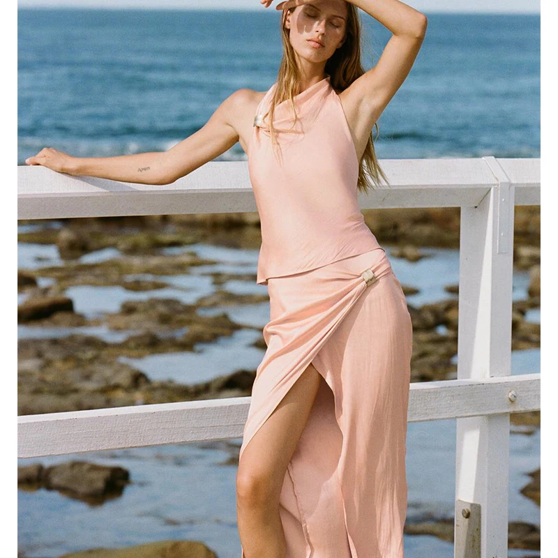 

Сексуальный висячий топ с воротником-балой, 287367, золотистая шелковая атласная юбка-миди, 293867, модный летний комплект одежды