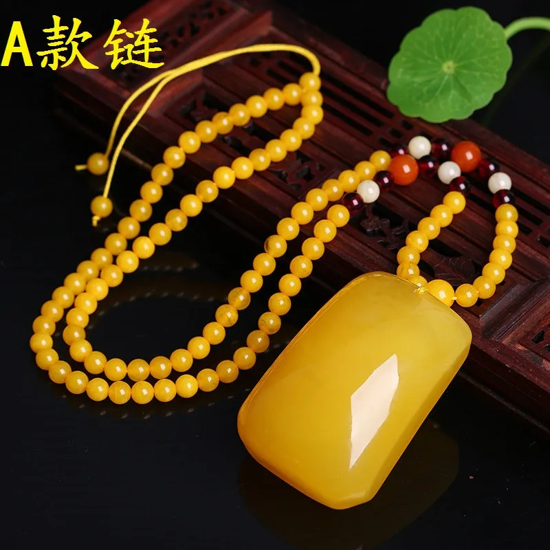 Factory Direct Supply Amber Rough Stone Necklace Sweater Chain Men and Women Yellow Chicken Grease Beeswax Pendant Square Plate