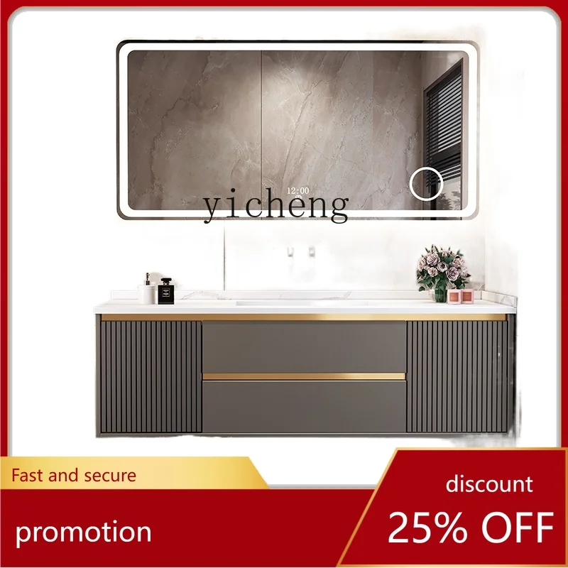 

CZ Stone Plate Seamless Ceramic Basin Bathroom Bathroom Cabinet Combination Bathroom Light Luxury Modern Custom Solid Wood Wash