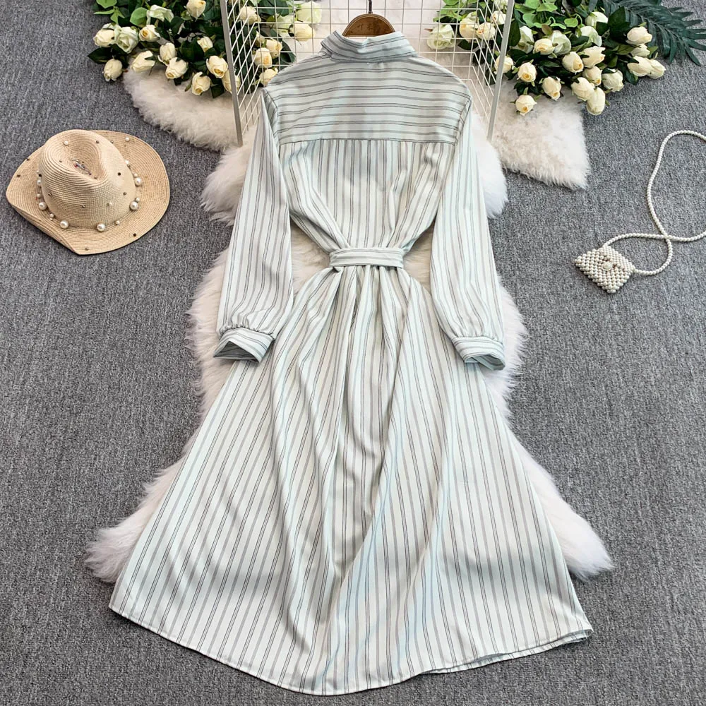 Frauen Vintage Gestreiften Hemd Kleid Frühling Herbst Dünne Große Schaukel A-Line Lose Spitze-Up Lange Einreiher Büro Dame kleider