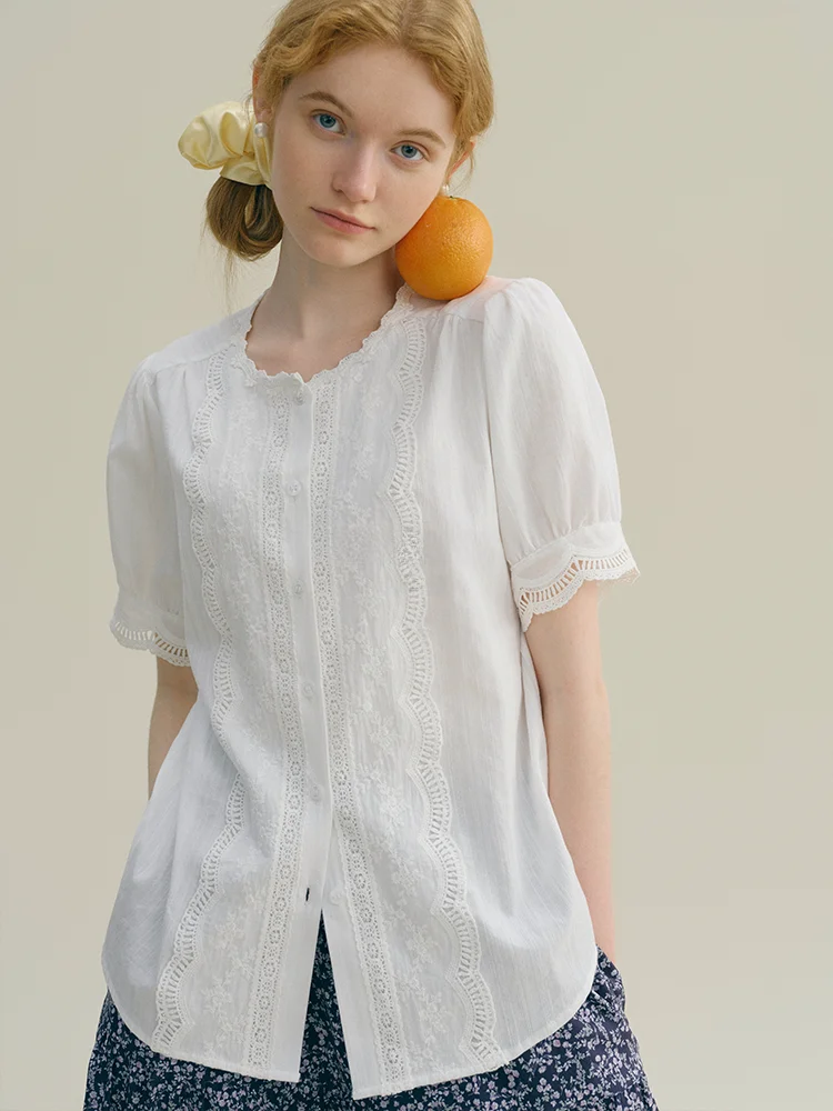 

Rina Berry round Ne Embroidered Hollow Cuff Lace Country Sle Simple Top irt Cotton Blend ort Sve Women's Faion