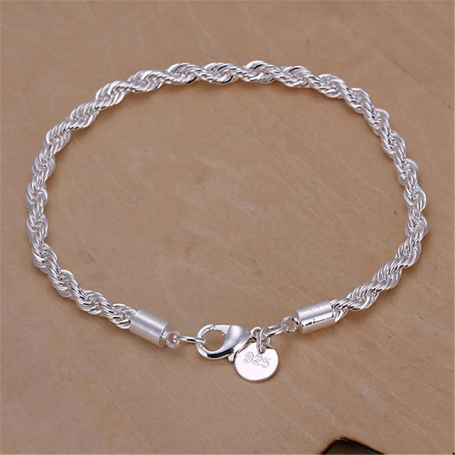High Quality 925 Silver 4MM Women Men Chain Male Twisted Rope Necklace Bracelets Fashion Silver Jewelry Set
