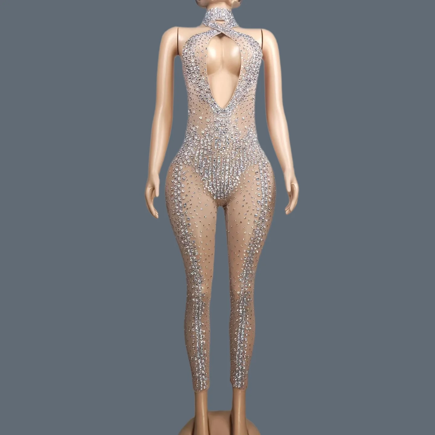 

Silver Crystals Mesh Bodysuit Deep Cutout Sheer Long Sleeve Jumpsuit Women Drag Queen Stage Performance Party Costume Jiaochaku
