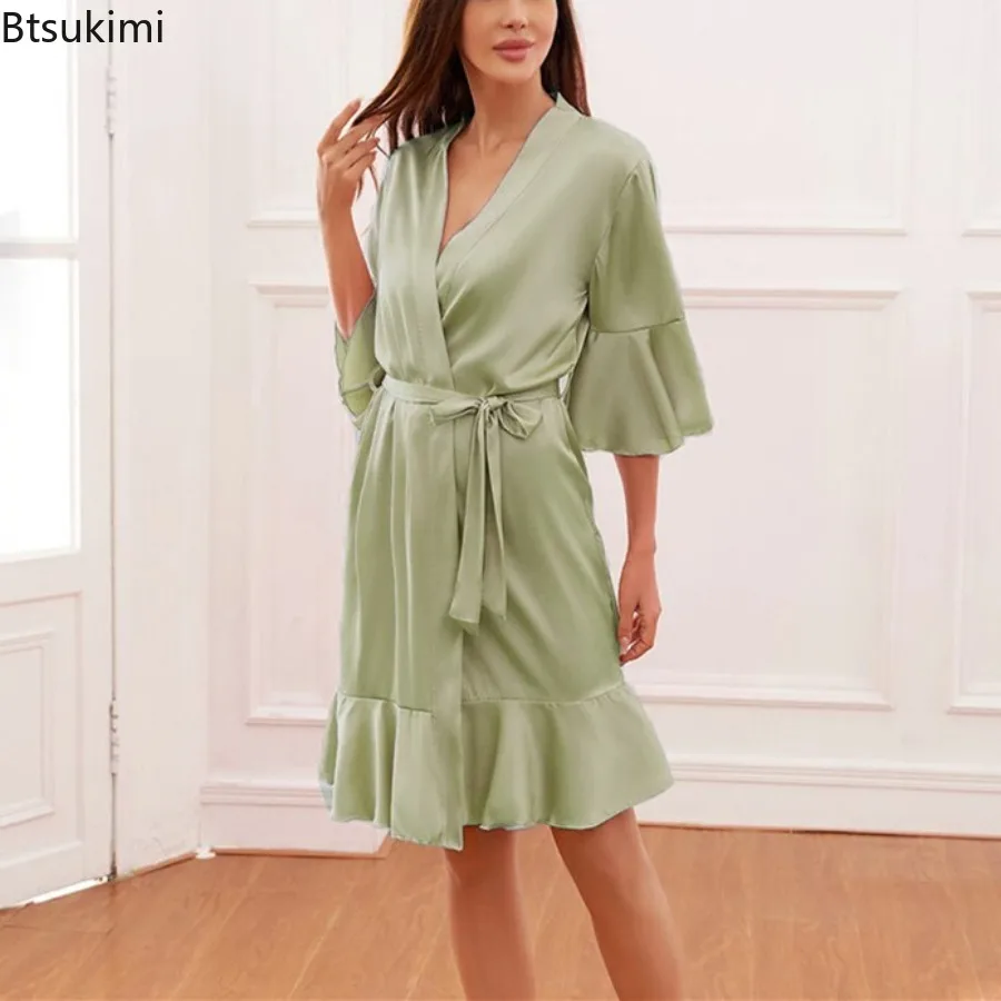 ชุดคลุมอาบน้ำผ้าไหมซาตินสำหรับผู้หญิง ชุดกิโมโนเซ็กซี่ ชุดคลุมแต่งงาน ชุดนอนลำลองสำหรับใส่ที่บ้าน ชุดนอนฤดูร้อน ชุดนอนหลวมๆ