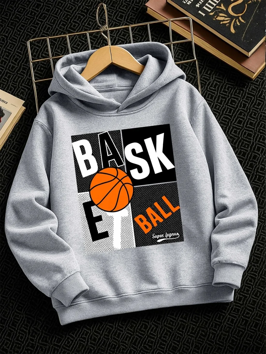 Kids' Basketball Hoodie – Fleece-Lined Thickened and Warm Casual Street-Style Pullover with Graphic Print (Autumn/Winter)
