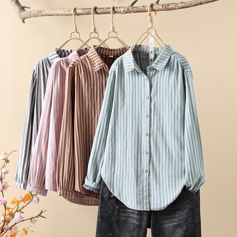 

Korean Style 2024 Spring And Autumn New Women'S Striped Long Sleeved Single Breasted Loose Collar Casual Shirt Top
