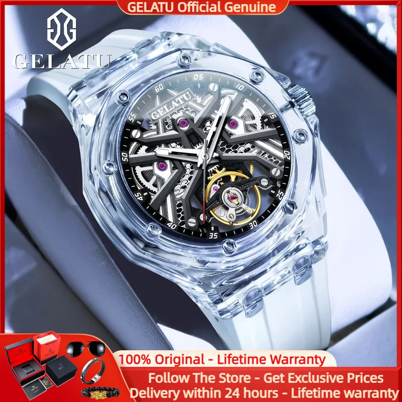 

GELATU 8002 Men Watch Advanced Transparent Case Hollow Men Mechanical Watch All Automatic Watch Cool Waterproof Men Sports Watch