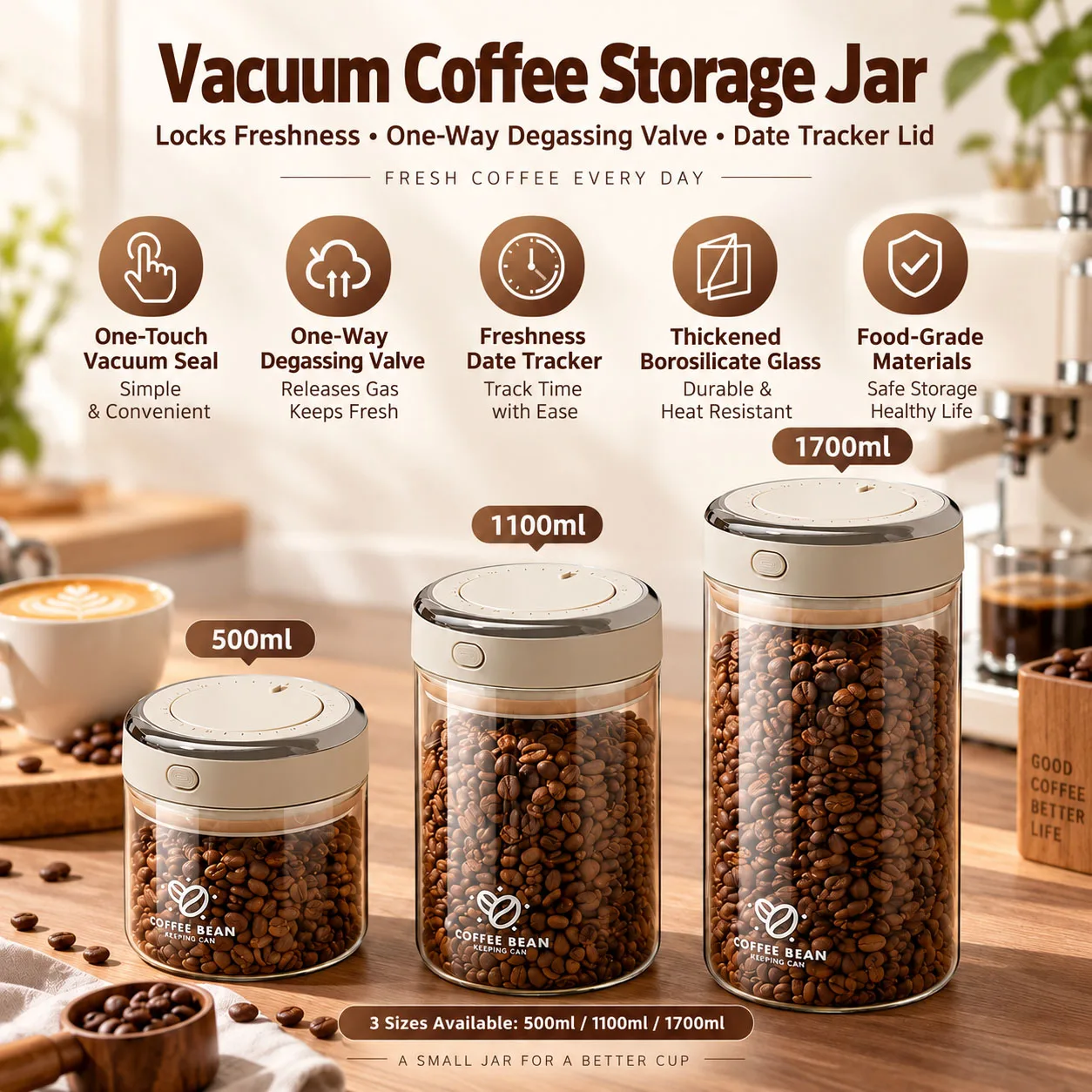 Vacuum Food Grade Coffee Bean Sealed Jar with Date Tracker and Waking Bean Valve Storage Containers for Grain, Snack, Sugar, Tea