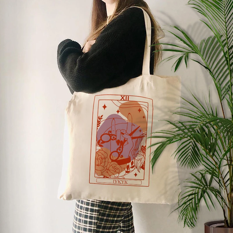 Vintage Tarot Card Canvas Tote Bag Aesthetic Mystical Scissors Rose Graphic Women Casual Reusable Shopping Shoulder Handbag