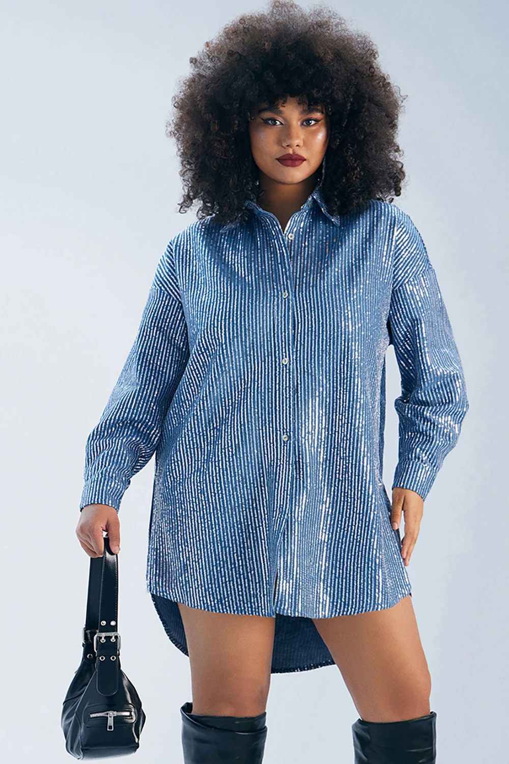 Plus Size Daily Mini Dresses Casual Blue Fall Winter Shirt Collar Long Sleeve Sequin Denim Mini Dresses