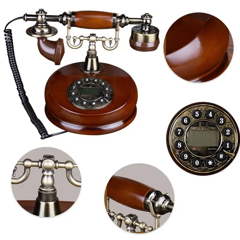 Rotary Landline Telephone Wood Classic Rotary Dial Phone Landline, Redial, Old Fashioned Corded Desk Phone For Home And Office