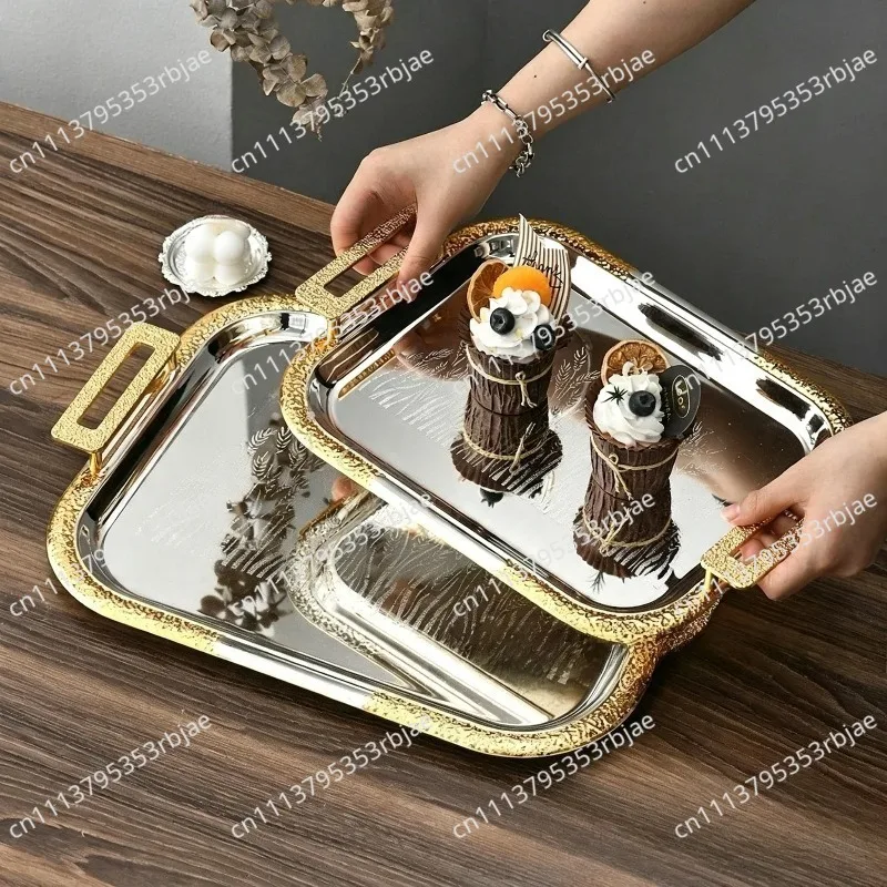 Light luxury cafe restaurant high-end metal tray rectangular fruit plate cake baking storage plate