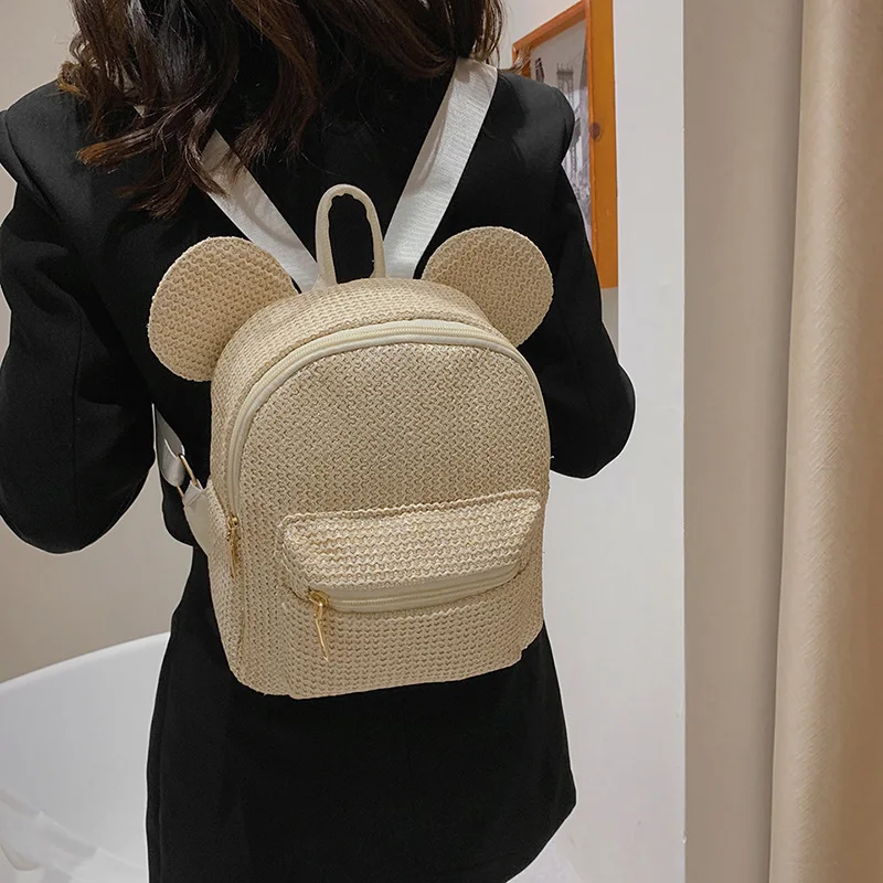 Sac à dos tissé avec nom personnalisé pour filles, petit sac à dos de plage, oreille ronde, mignon, polyvalent, été, nouveau