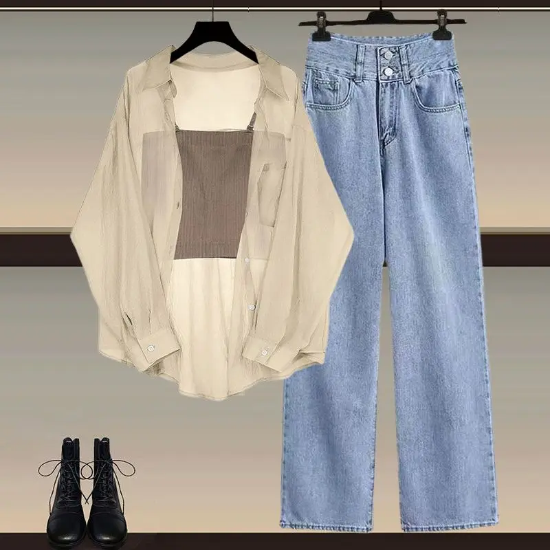 Summer Versatile Women's Set 2024 New Sun Proof Shirt Top Paired with Suspender Slimming Jeans Three Piece Set