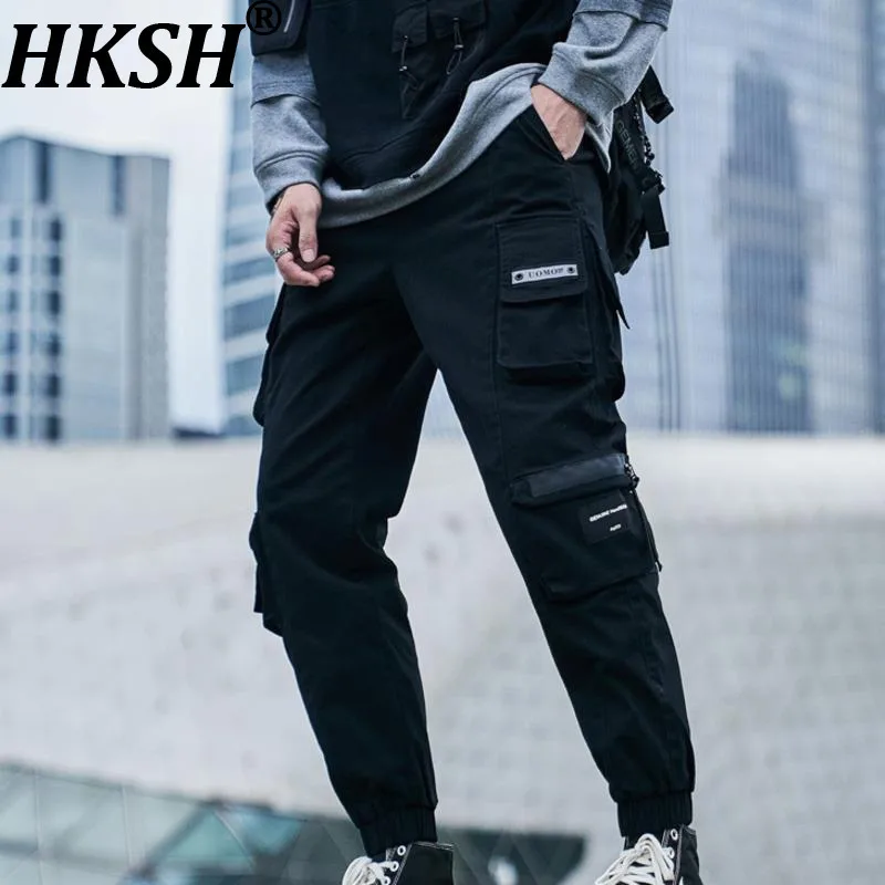 

HKSH Spring Autumn New Man High Street Drawstring Elastic Multi-pocket Trendy Niche Chic Casual Safari Style Cargo Pants HK12446