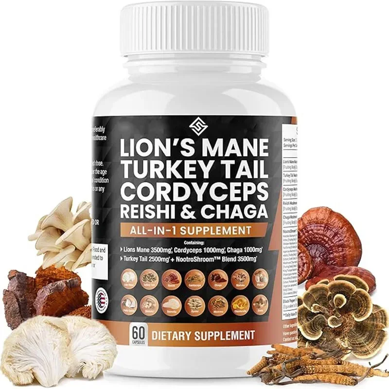 Lions Mane Mushroom Supplement Contains Turkey Tail, Ganoderma Lucidum, Cordyceps Sinensis, And Chaga Mushroom