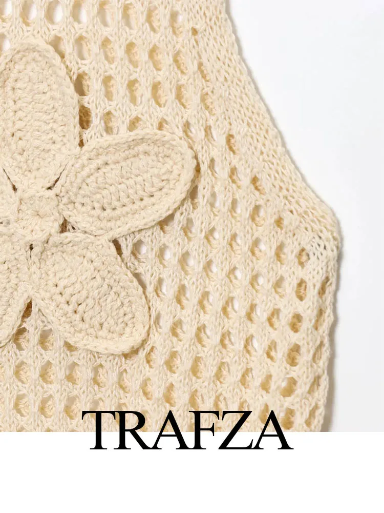 

TRAFZA Female Fashion Knitted Tops Solid O-Neck Flower Decoration Hollow Out Woman's Summer High Street Sleeveless Vests