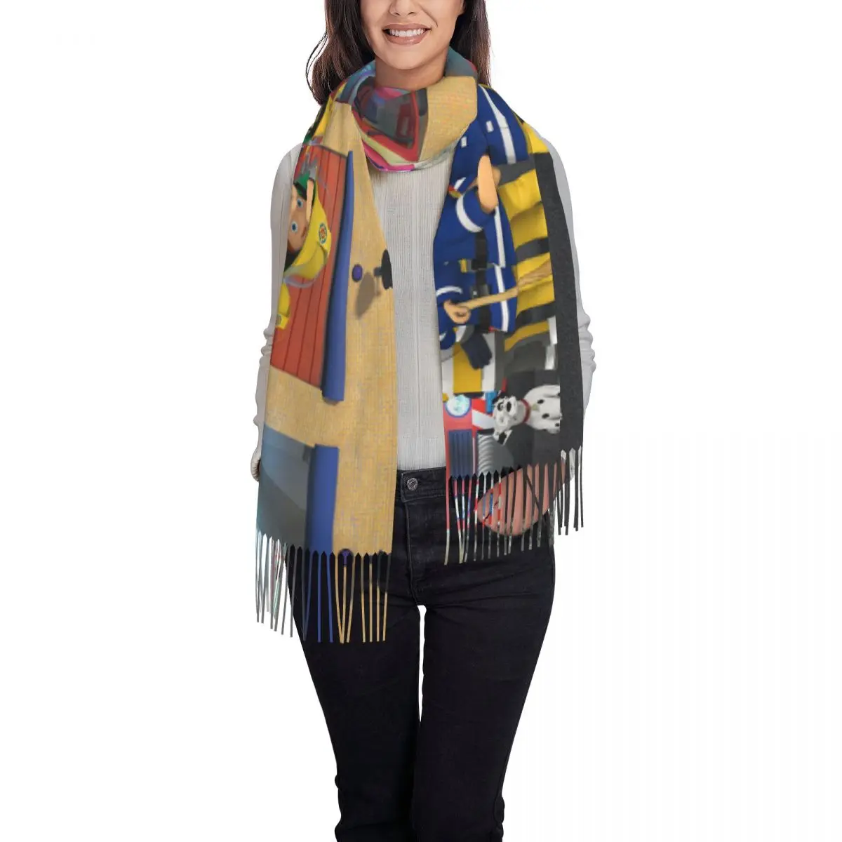 Female Long Fireman Sam Scarves Women Winter Soft Warm Tassel Shawl Wraps Scarf