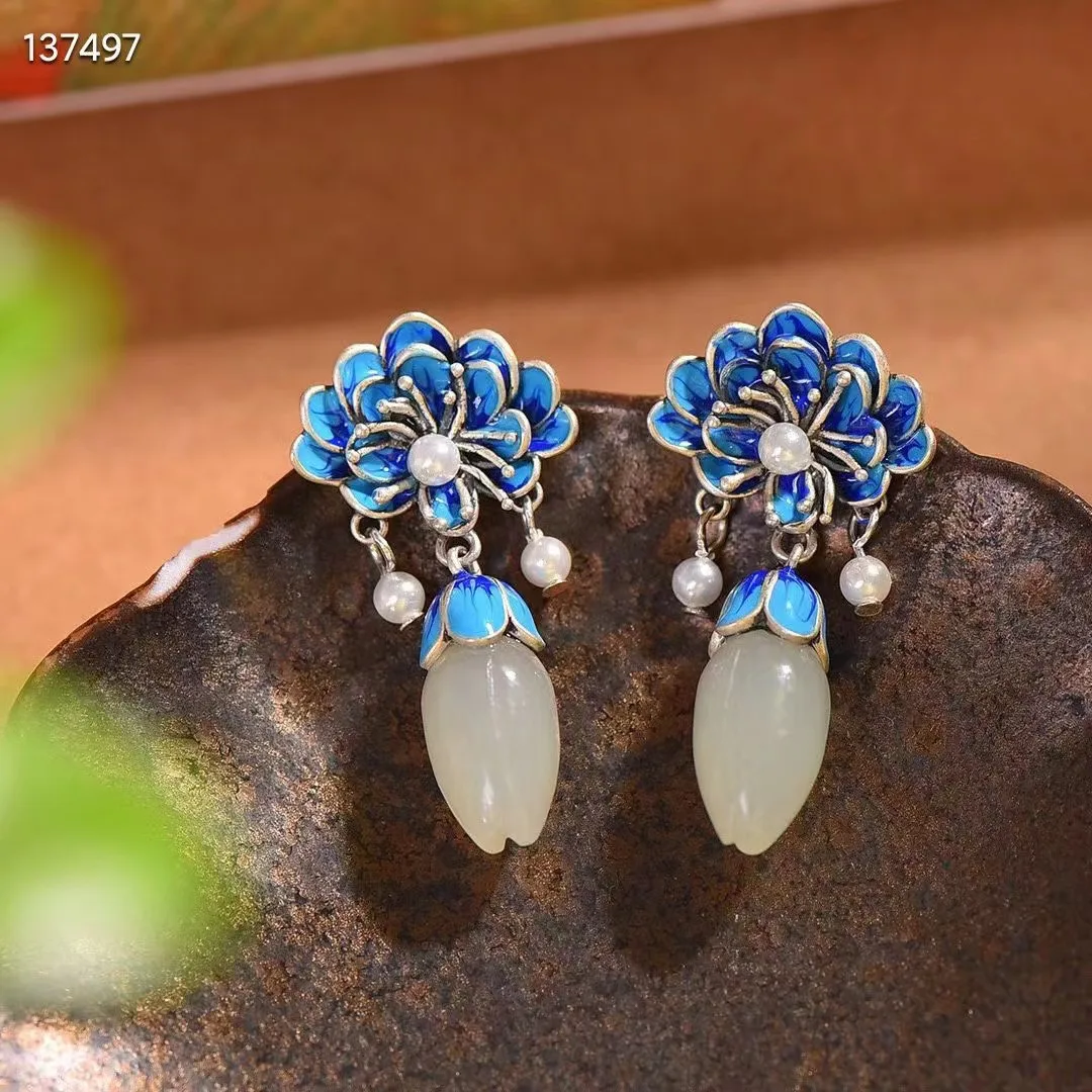 

Natural 100%real 925 sterling silver flower mosaic Magnolia flower white hetian jade fashion Earrings temperament women earrings