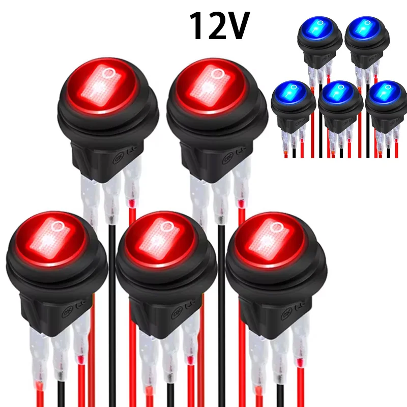 

5PCS 12V 20A Waterproof Rocker Switch Lighted Round ON Off 3 Pin 12 Volt Weatherproof Illuminated Toggle for Marine Car RV Truck