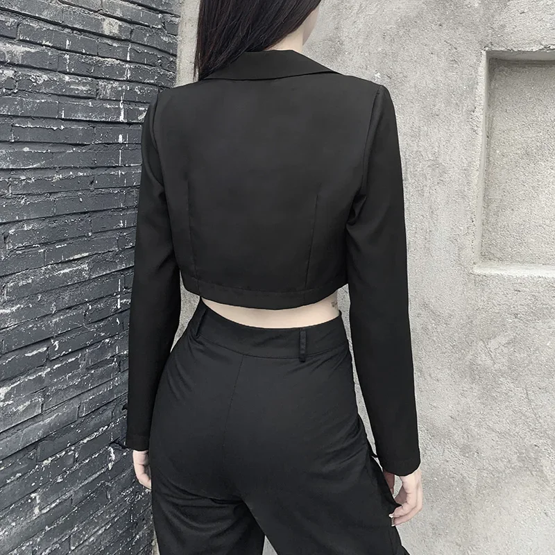 Punk Style Women Blazers Casual Metal Chain Black Suit Vintage Autumn Long Sleeve Blazer Korean Fashion Streetwear Cropped Tops