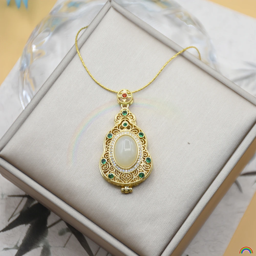 Rwbuy brand design natural Hotan Jade pendant for women's alloy inlaid egg surface hollowed out gourd incense pendant