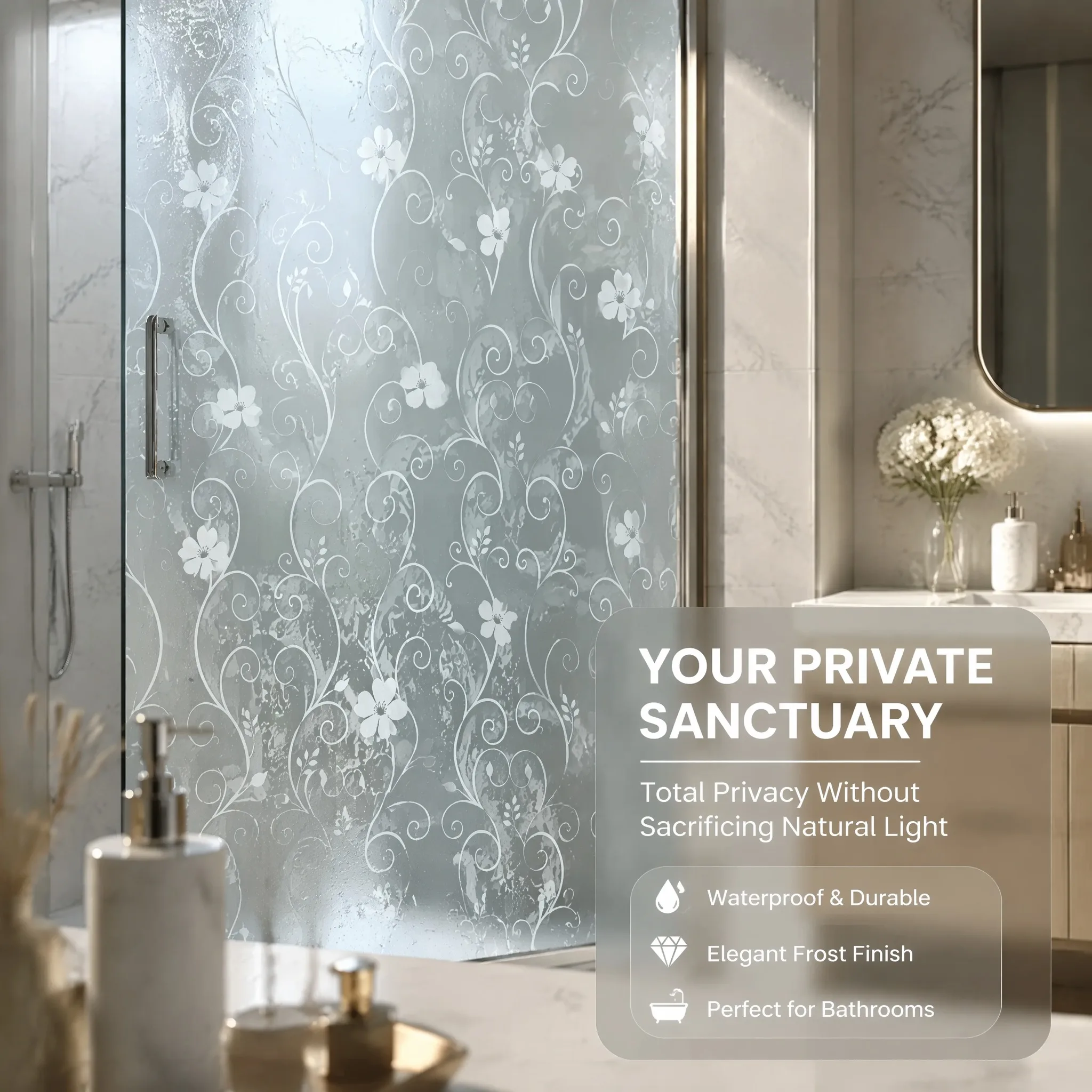 Self-Adhesive Curly Vine Flower Frosted Window Film, Waterproof UV Block Removable No Residue Floral Privacy Glass Sticker for B