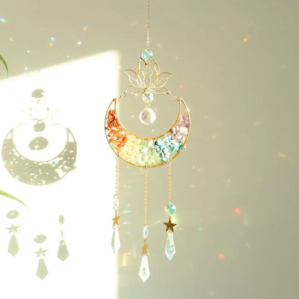 Wind Chime Suncatcher with Glass Prisms Hanging Moon Sun Light Catcher Wind Chime Pendant Natural Rainbow Decor for Home Indoor