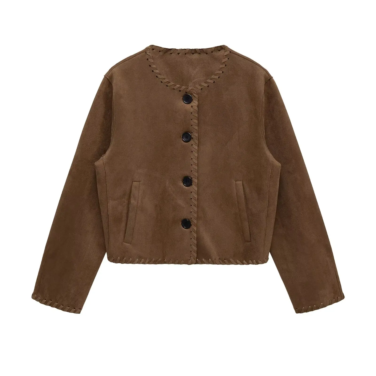 

Замшевая куртка в уличном стиле 2025 года, однотонная укороченная куртка с длинными рукавами и карманами, Новое поступление, облегающая повседневная куртка на осень