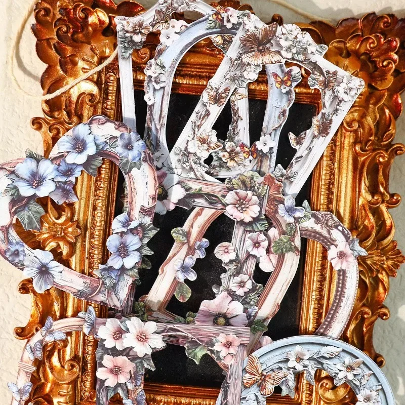 

10pcs Floral Photo Frame Memory Corridor Embossed Vintage Collage Handbook Decoration Sticker package Scrapbook cut 150*100mm